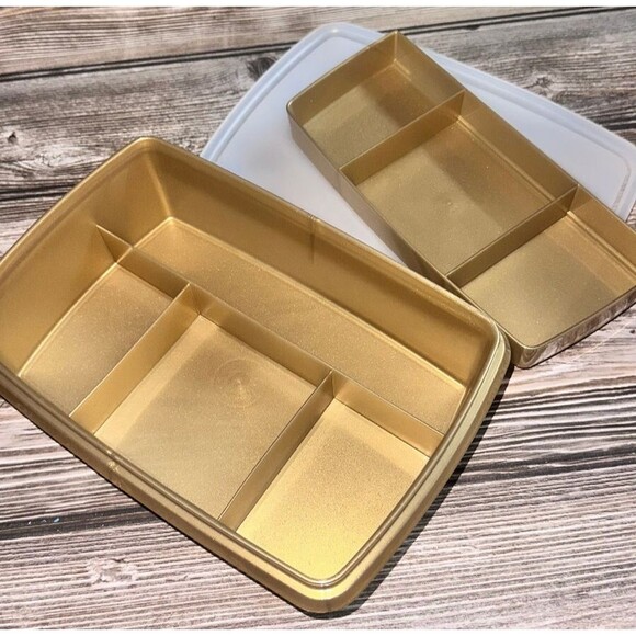 Tupperware Tuppercraft Stow-N-Go Storage Box Gold 3 Piece Lid Tray 767 - Picture 3 of 4
